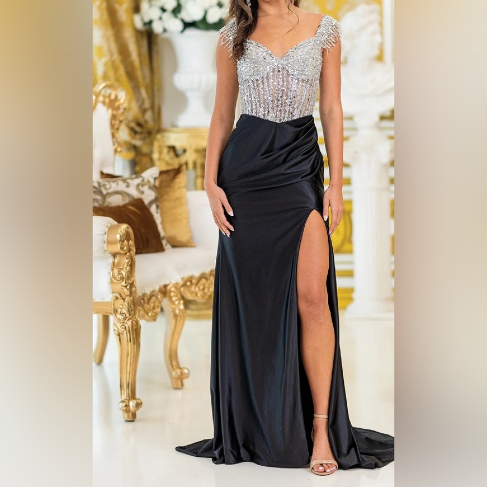 Dancing Queen Black Dress with High Slit and Sequin Top